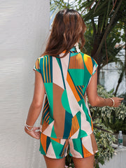 Geo Print Two piece Set Casual Blouse & Shorts Outfits Women's Clothing