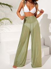 Mesh Cover Up Pants Tie Shoulders Elastic Waist Solid Maxi Beach Coverup