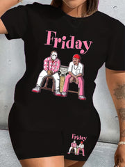 Cartoon Figure & Letter Print Top & Shorts Set