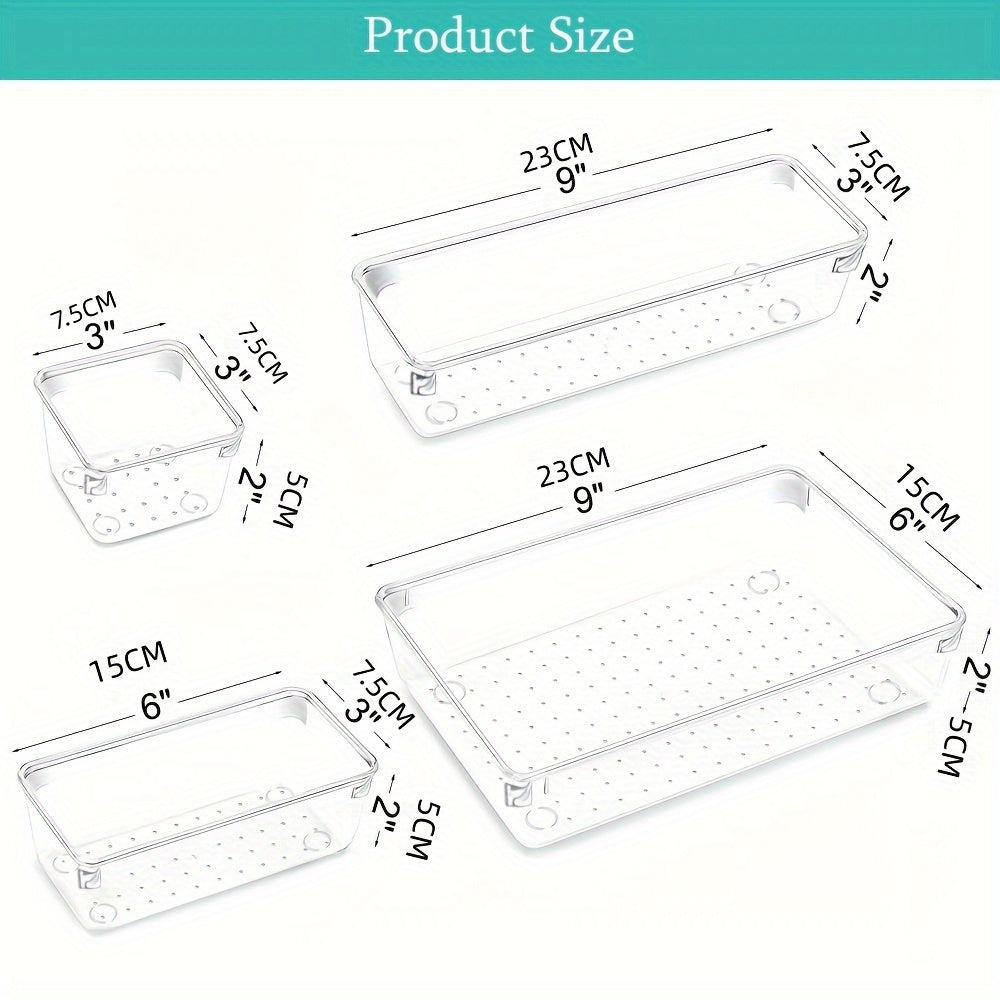 4pcs Clear Plastic Storage Tray Drawer Organizer Set Non Slip Storage Box
