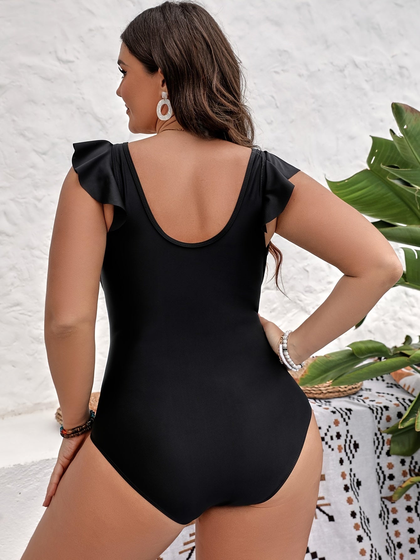 Modest Swimsuit Contrast Mesh Ruffle Plunging Neck One Piece