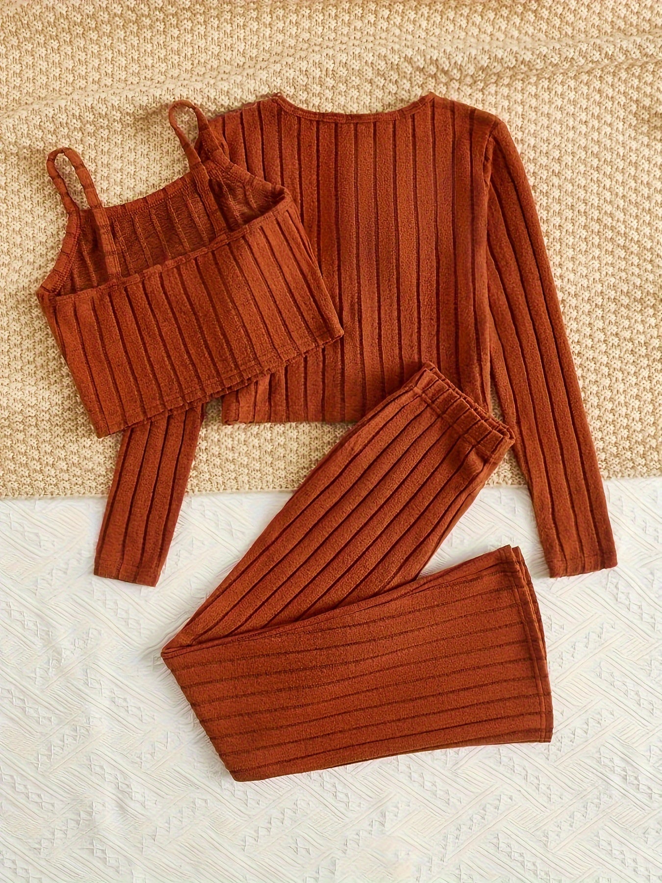 Ribbed Lounge Set Long Sleeve Top & Crew Neck Cami & Pants Women's Loungewear