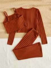 Ribbed Lounge Set Long Sleeve Top & Crew Neck Cami & Pants Women's Loungewear
