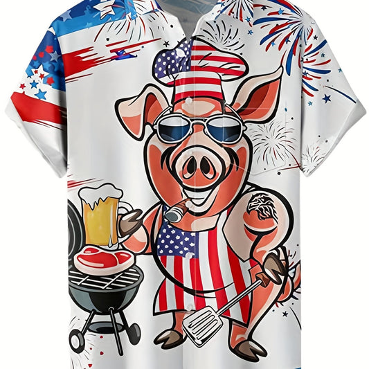 Funny Cartoon Pig Men's Short Sleeve Shirt with American Flag Print
