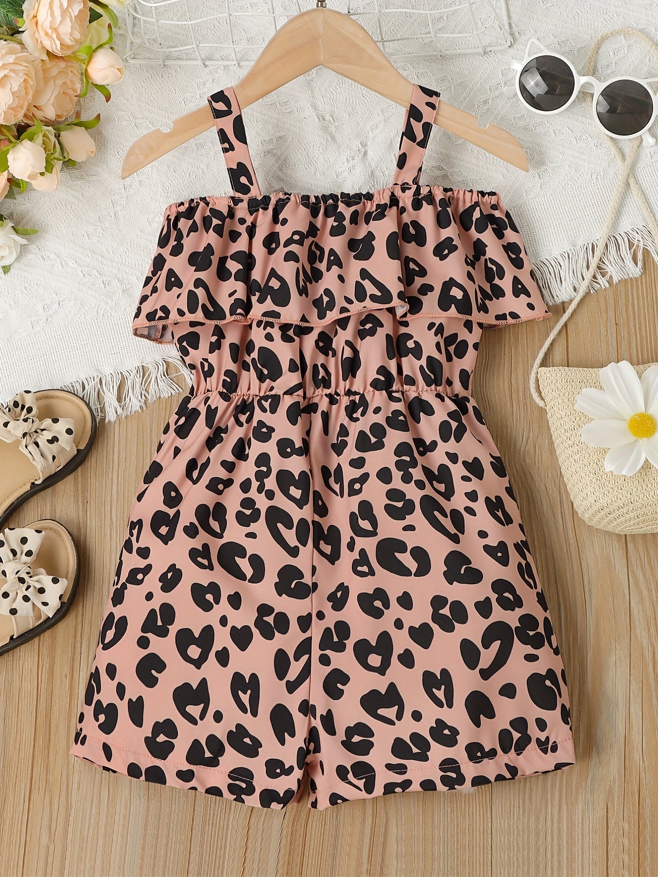 Girls Summer Leopard Print Sleeveless Jumpsuit Ruffle Outfit