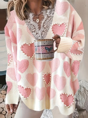 Heart Print Pearl Decor Lace Sweater