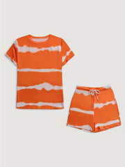 Tie Dye Striped Two piece Set Casual Short Sleeve T shirt & Drawstring Shorts