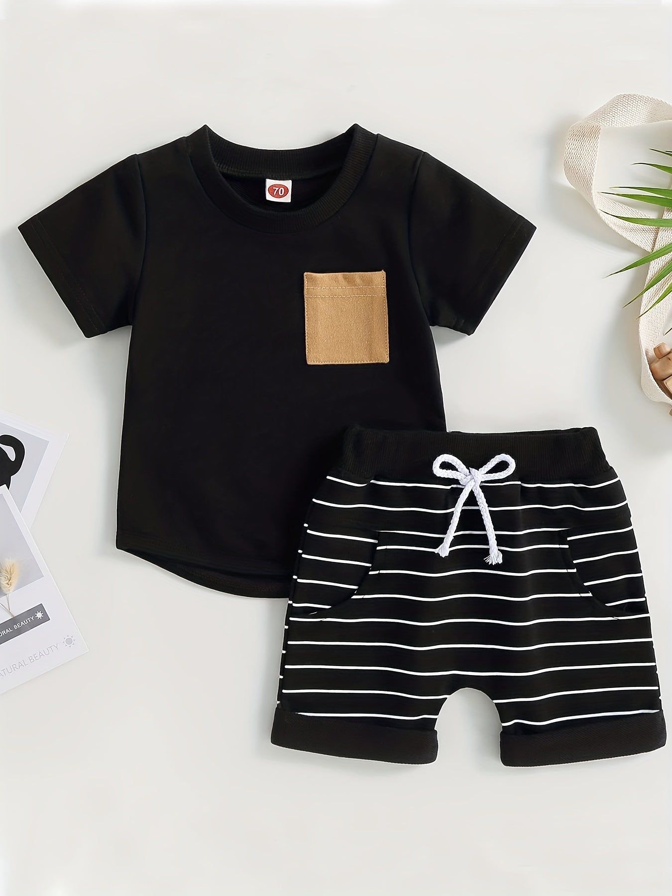 2pcs Baby Boys T shirt & Striped Shorts Set Casual Summer Clothes