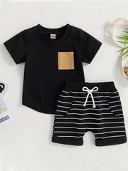 2pcs Baby Boys T shirt & Striped Shorts Set Casual Summer Clothes