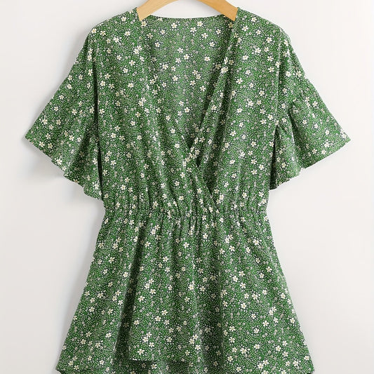 Boho Floral Print Butterfly Sleeve Surplice Neck Peplum Top