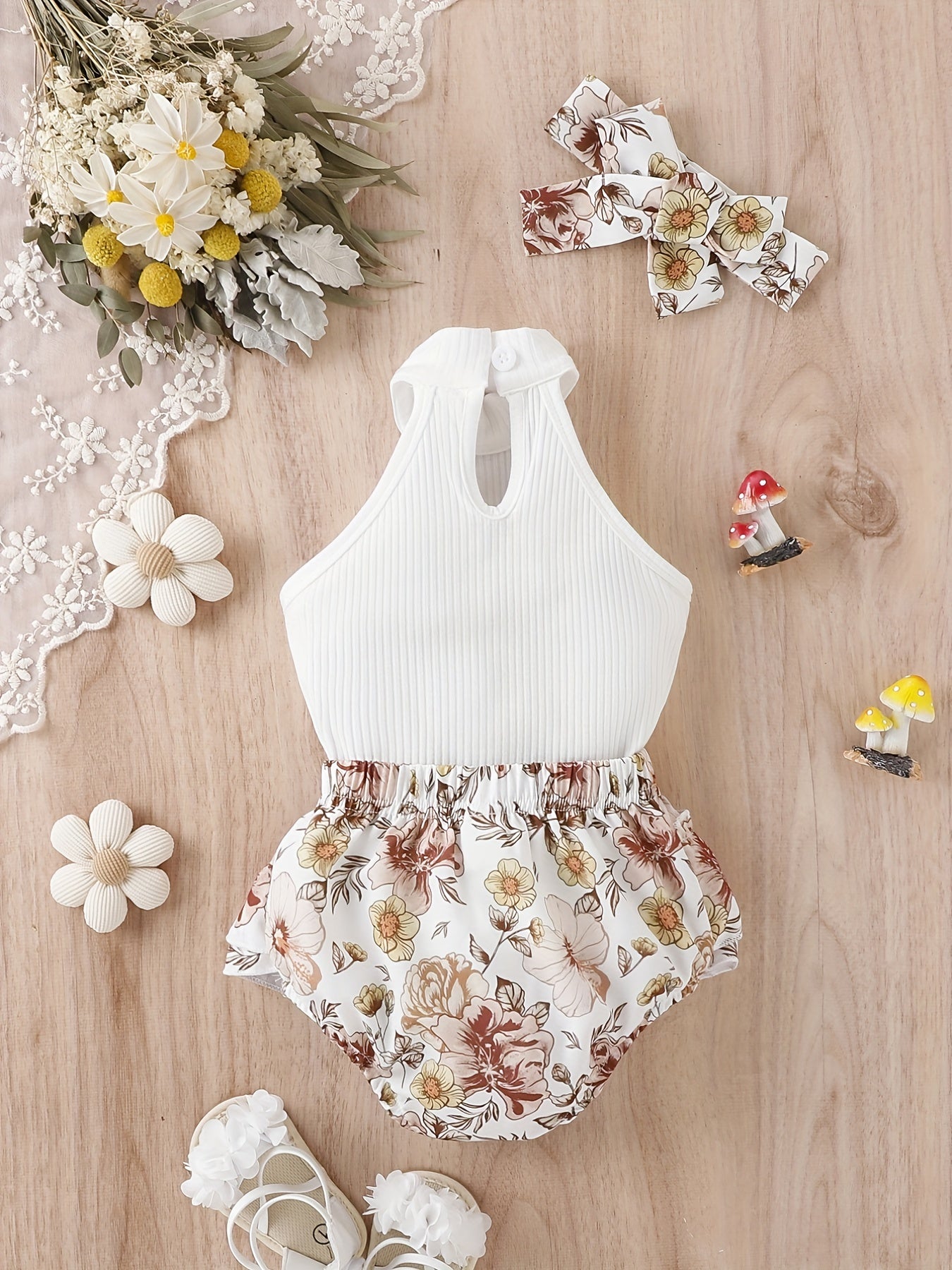 3pcs Baby Girls Casual Ribbed Knit Halter Top & Floral Bowknot Shorts Set