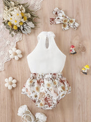 3pcs Baby Girls Casual Ribbed Knit Halter Top & Floral Bowknot Shorts Set