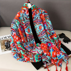 Vintage Flower Print Scarf Bohemian Red Tassel Shawl