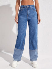 Colorblock Slash Pockets High Waist Baggy Denim Pants