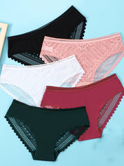 5pcs Lace Stitching Briefs Comfy & Breathable Semi-sheer Panties