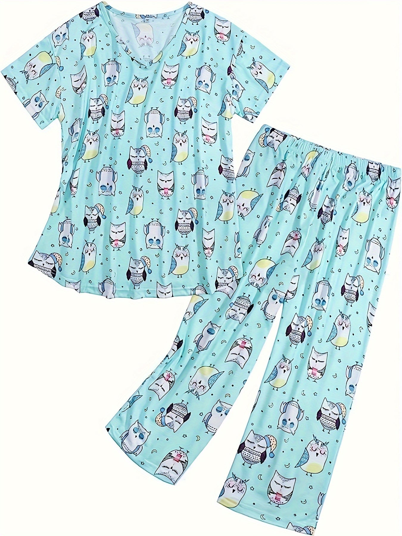 Cartoon Owl Print Pajama Set Short Sleeve V Neck Top & Elastic Waistband Pants