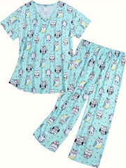 Cartoon Owl Print Pajama Set Short Sleeve V Neck Top & Elastic Waistband Pants