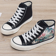 Chinese Landscape Print Plush Lined Thermal Canvas Sneakers