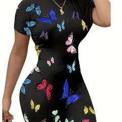 Butterfly Print Mock Neck Romper Jumpsuit Short Sleeve Casual Women's Clothing