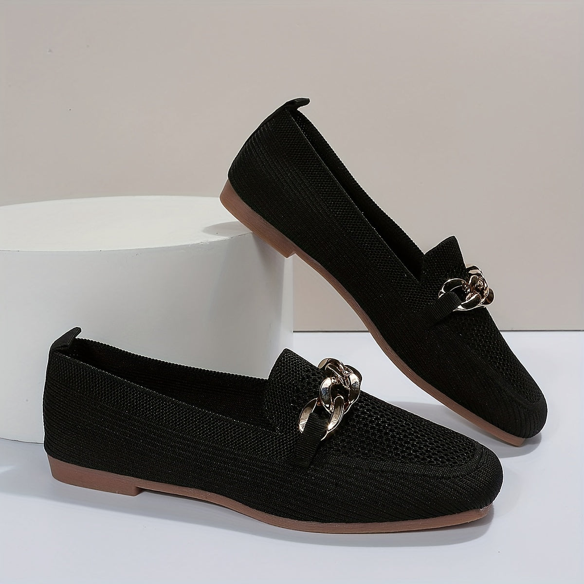 Women's Metallic Chain Decor Flat Shoes Breathable Knit Square Toe Shoes