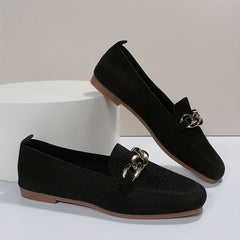 Women's Metallic Chain Decor Flat Shoes Breathable Knit Square Toe Shoes