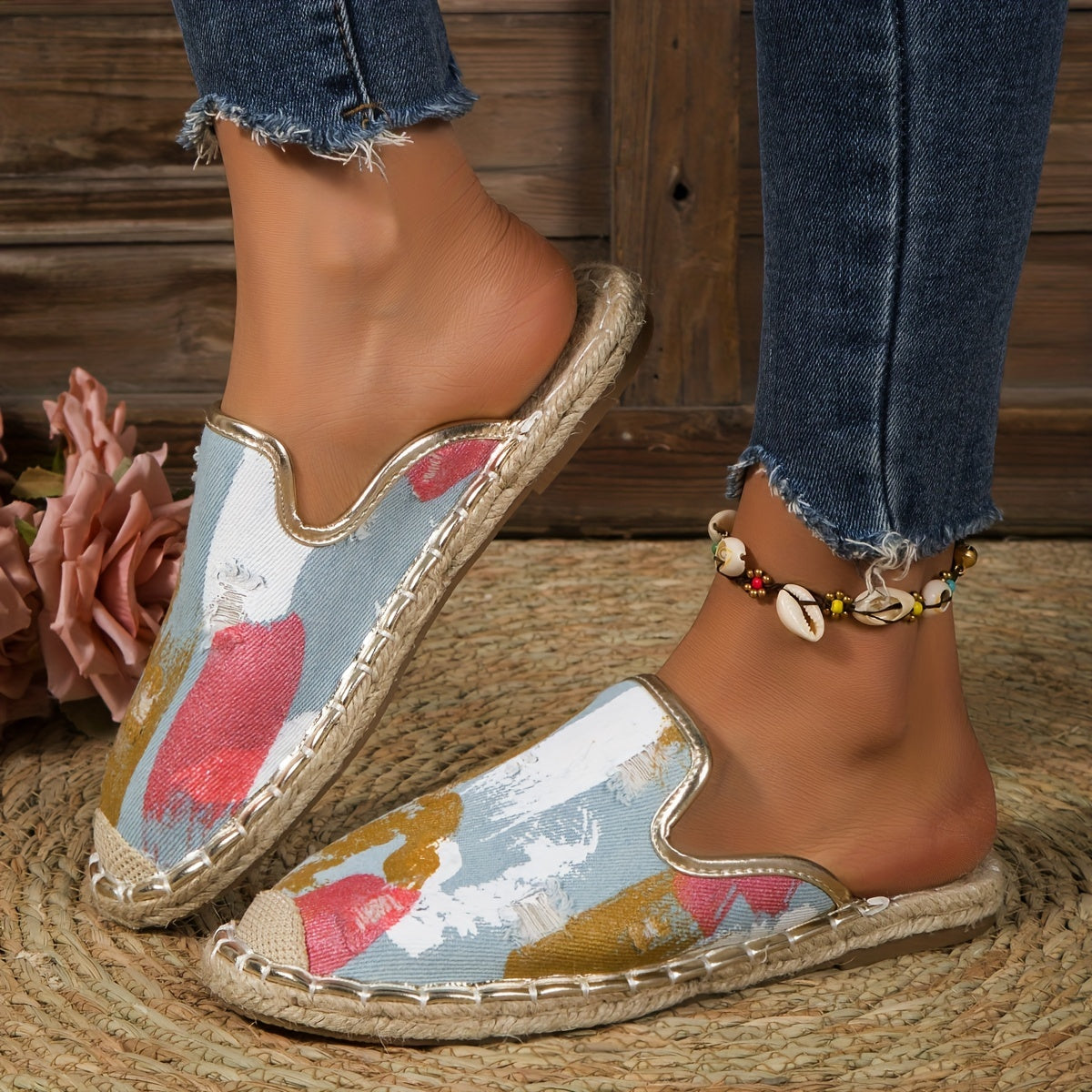 Women's Colorblock Flat Espadrilles Slip On Comfy Half Drag Shoes