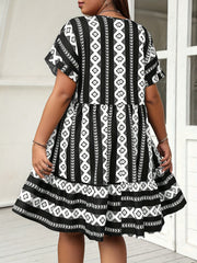 Colorblock Argyle Print Batwing Sleeve V Neck Mini Dress