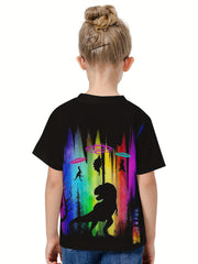 Rainbow Dino Graphic Crew Neck T-shirt Girls Casual Summer Tops