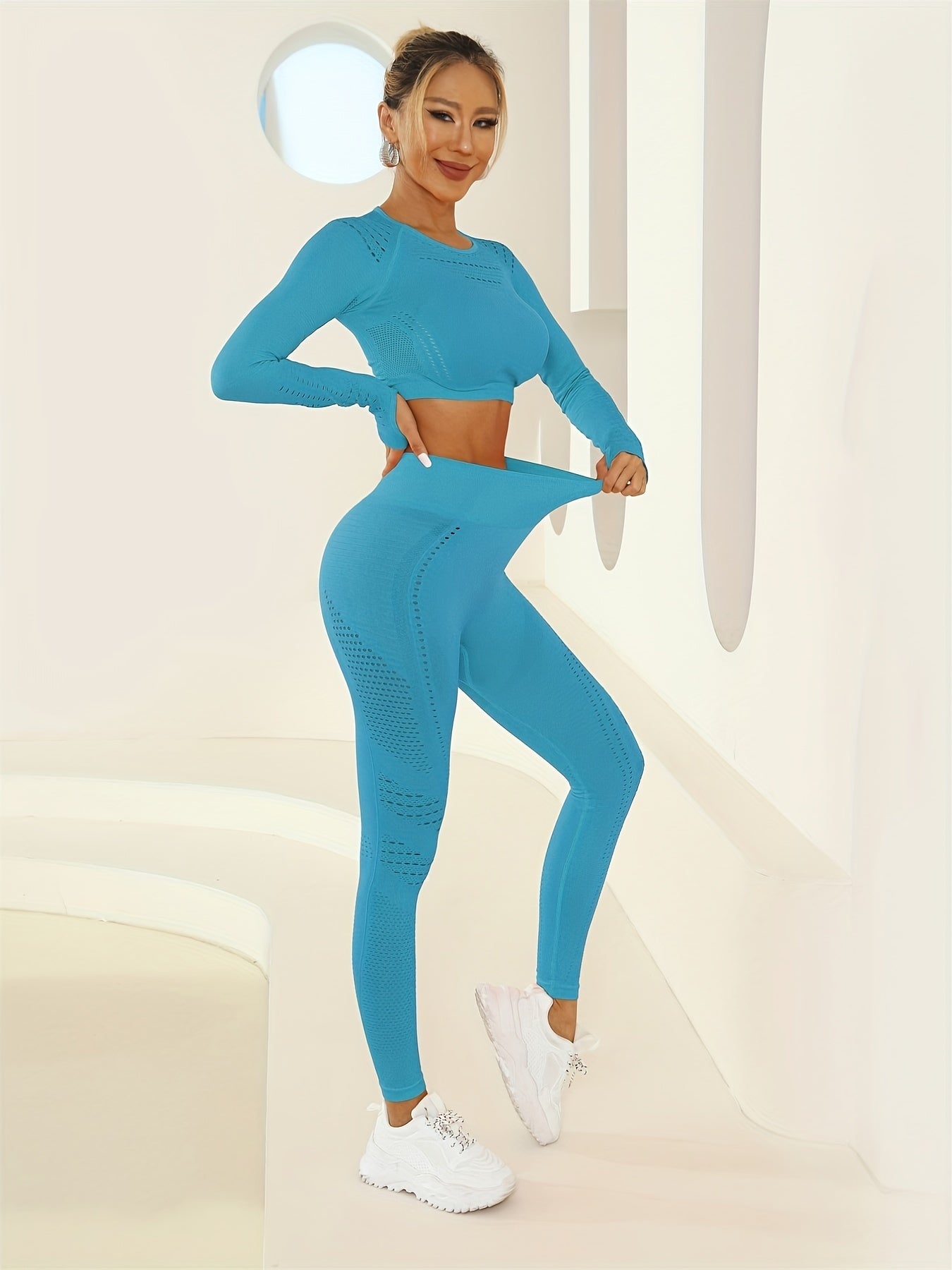 Yoga Workout Set Long Sleeve Top & Running Leggings Women's Activewear