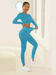Yoga Workout Set Long Sleeve Top & Running Leggings Women's Activewear
