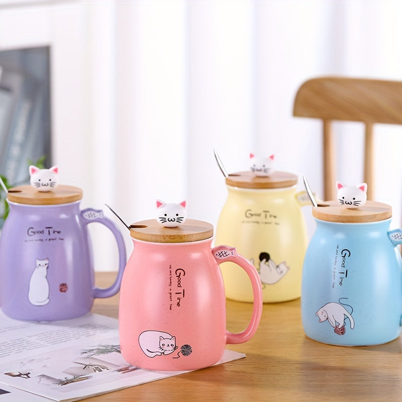 450ml Cartoon Cat Ceramic Mug with Wooden Lid & Spoon Handle
