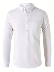 Solid Men's Casual Button Up Long Sleeve Shirt With Pocket
