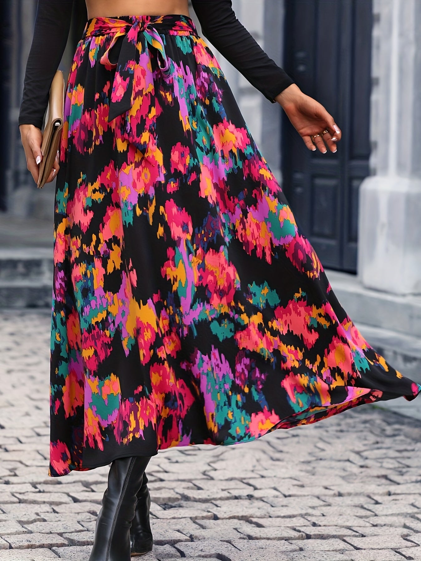 Floral Print Belted Skirt for Women