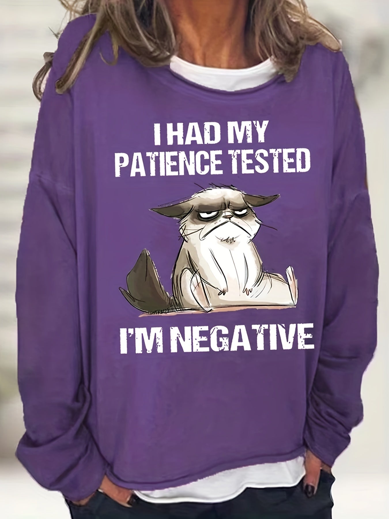 Negative Cat Print Sweatshirt Casual Long Sleeve Sweatshirt
