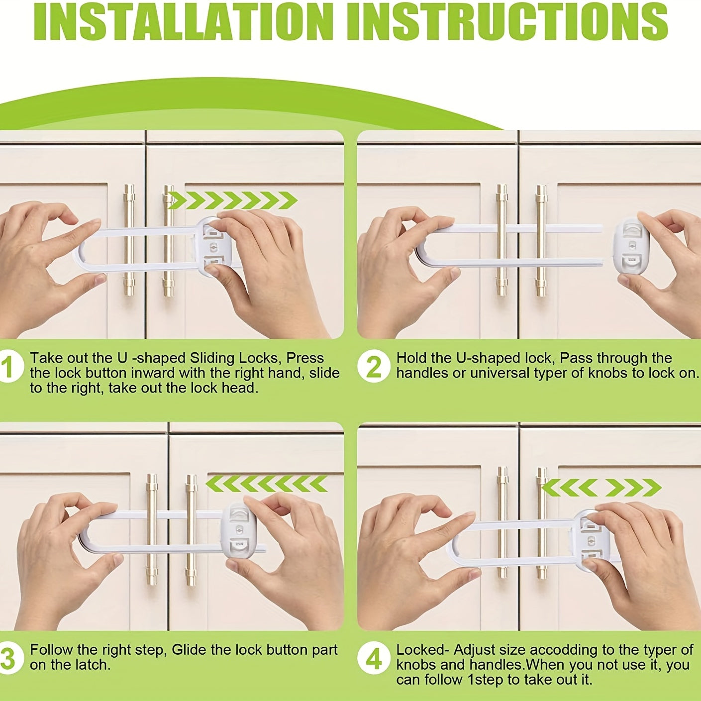 Adjustable Child Safety Locks for Drawers, Cabinets, Wardrobes - U Shape