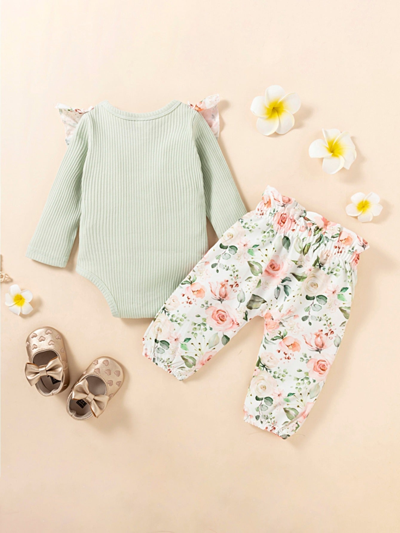Baby Girl Botanical Floral Ruffled Romper & Pants Set