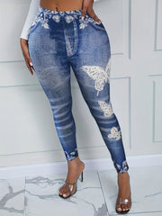 Denim & Floral Print Stretchy Leggings