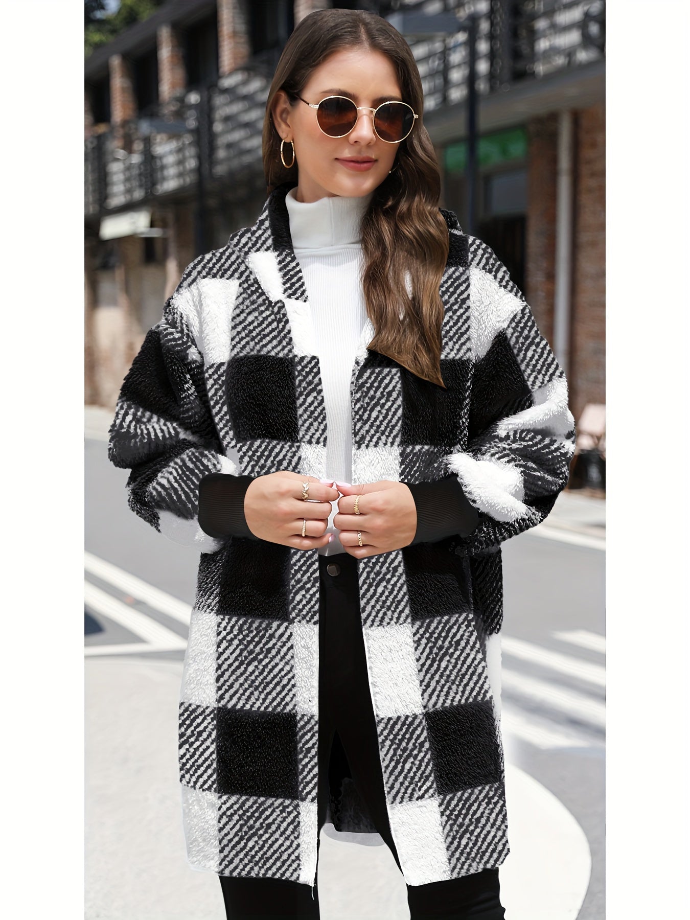 Fleece Plaid Hooded Cardigan Coat for Women