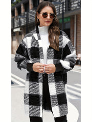 Fleece Plaid Hooded Cardigan Coat for Women