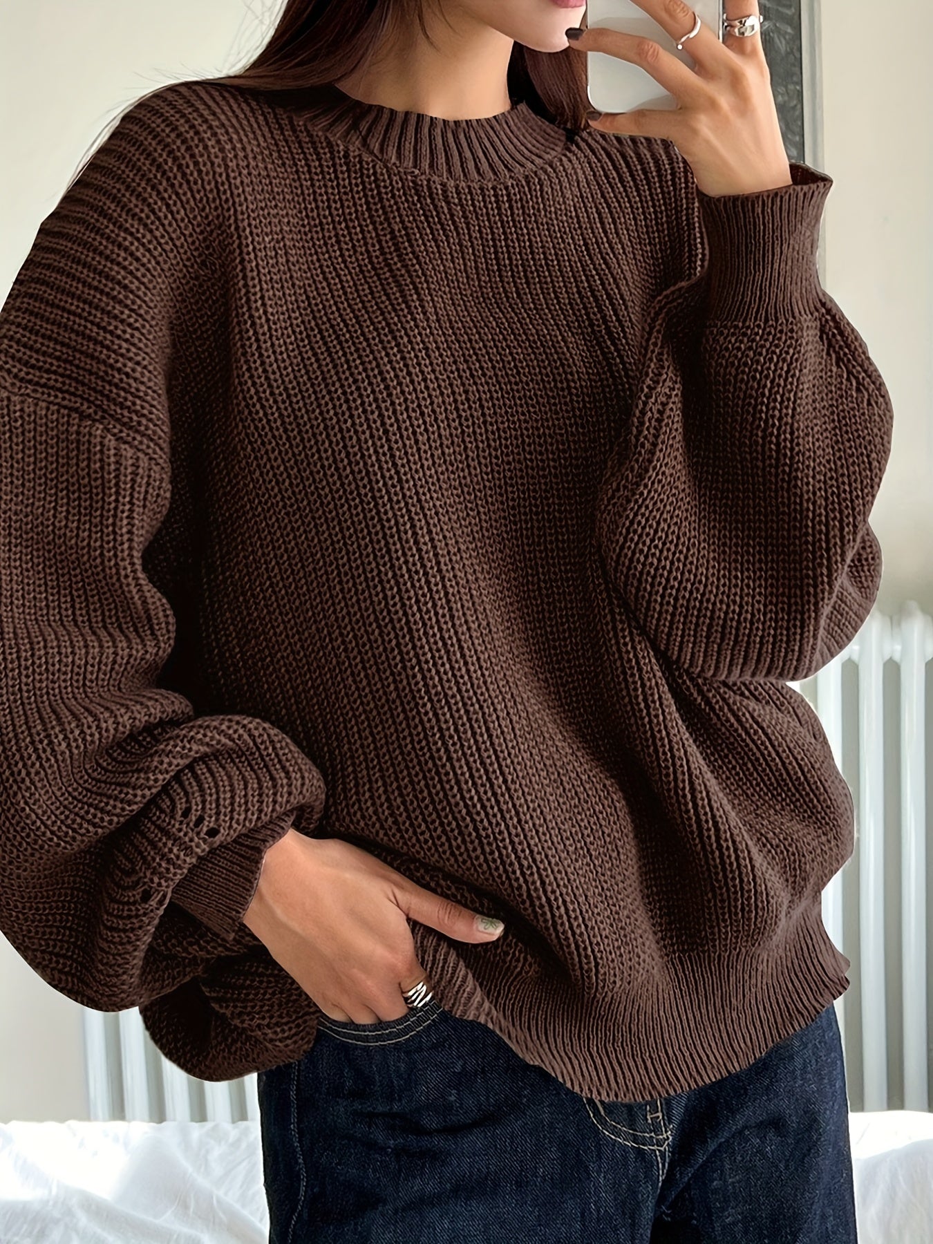 Solid Crew Neck Pullover Sweater Long Sleeve Winter Women's Clothing
