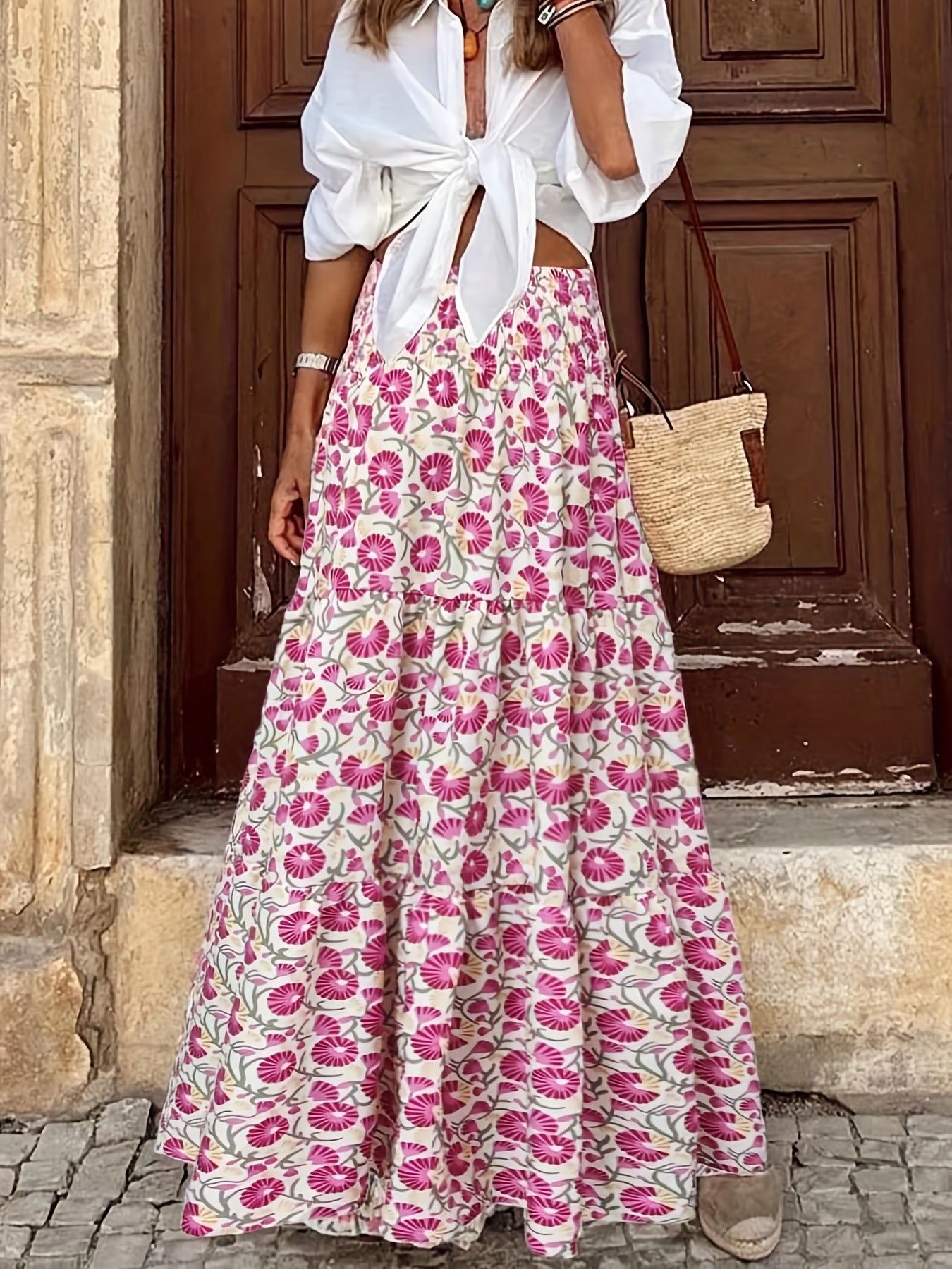 Abstract Print High Waist Boho Maxi Skirt Women's Clothing