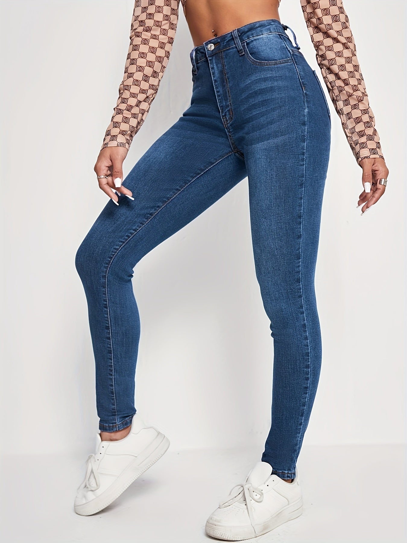 Whiskering Dark Wash Skinny Jeans Water Ripple Embossed Denim Pants
