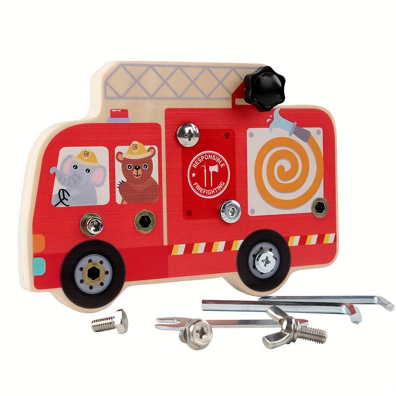 Wooden Disassembly Screw and Nut Fire Truck Set Busy Board Toy