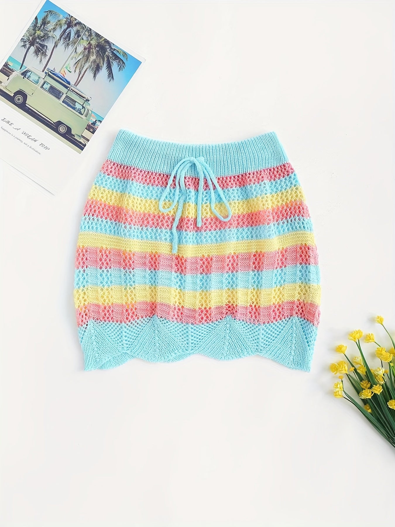 Boho Block Striped Skirts Vacation Crochet Drawstring Bodycon