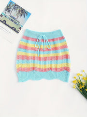 Boho Block Striped Skirts Vacation Crochet Drawstring Bodycon