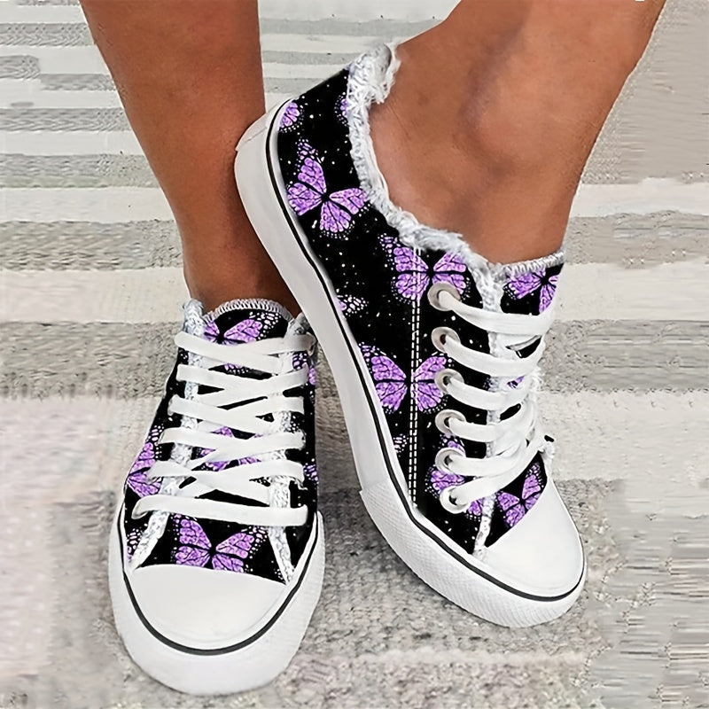 Purple Butterfly Print Lace Up Canvas Sneakers Low Cut Flat Board Shoes