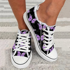 Purple Butterfly Print Lace Up Canvas Sneakers Low Cut Flat Board Shoes