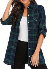 Plaid Print Button Up Long Sleeve Blouse