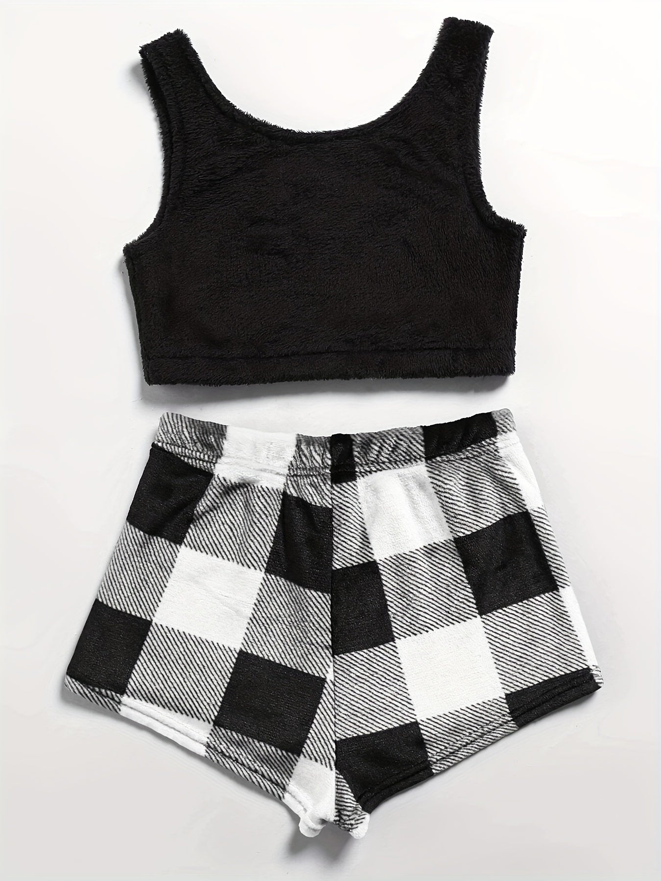 Fuzzy Lounge Set Crew Neck Tank Top & Plaid Shorts Women's Loungewear