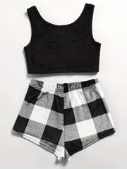 Fuzzy Lounge Set Crew Neck Tank Top & Plaid Shorts Women's Loungewear